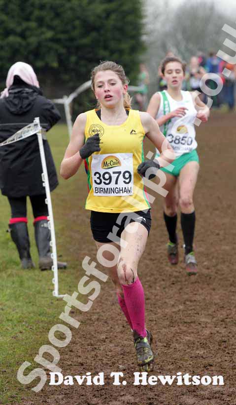 Kate Waugh (North East) on her way to finishing 3rd in the under-15 girls McCain World Cross Country Trials and Inter Counties, Cofton Park, Birmingham.